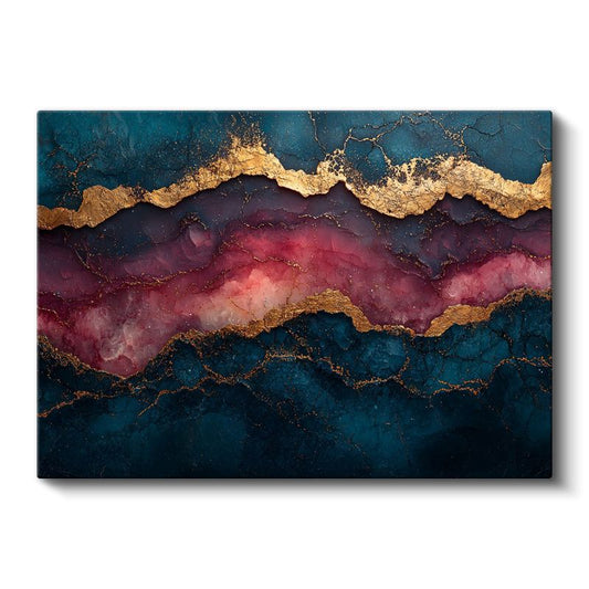 Lüks Mermer Efekti - Lacivert ve Bordo Altın Damarlar Kanvas Tablo