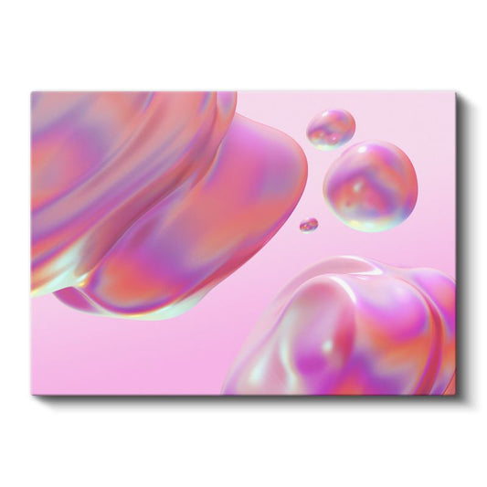 Holografik Küreler - Pembe Zeminde İridescent Kabarcıklar Kanvas Tablo