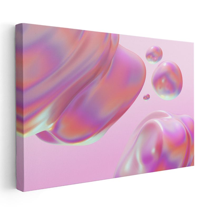 Holografik Küreler - Pembe Zeminde İridescent Kabarcıklar Kanvas Tablo