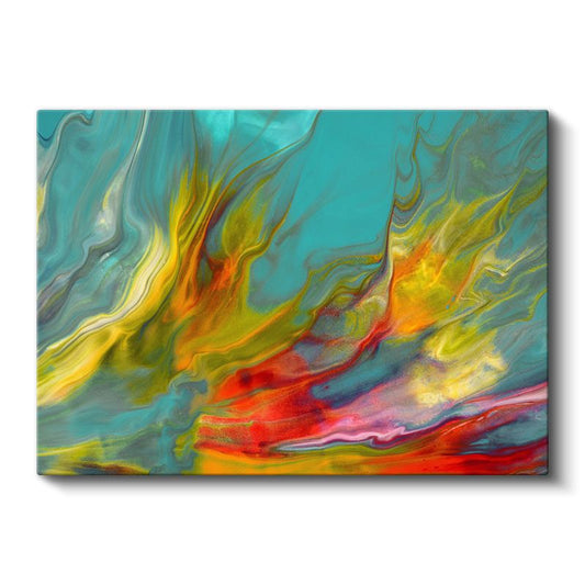 Ateş Ruhu - Turkuaz Üzerinde Canlı Renkli Akışkan Sanat Kanvas Tablo