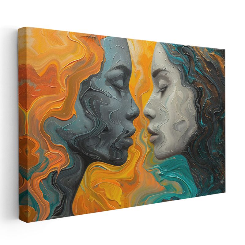 Ruhların Buluşması - Turuncu Turkuaz Soyut Portre Kanvas Tablo