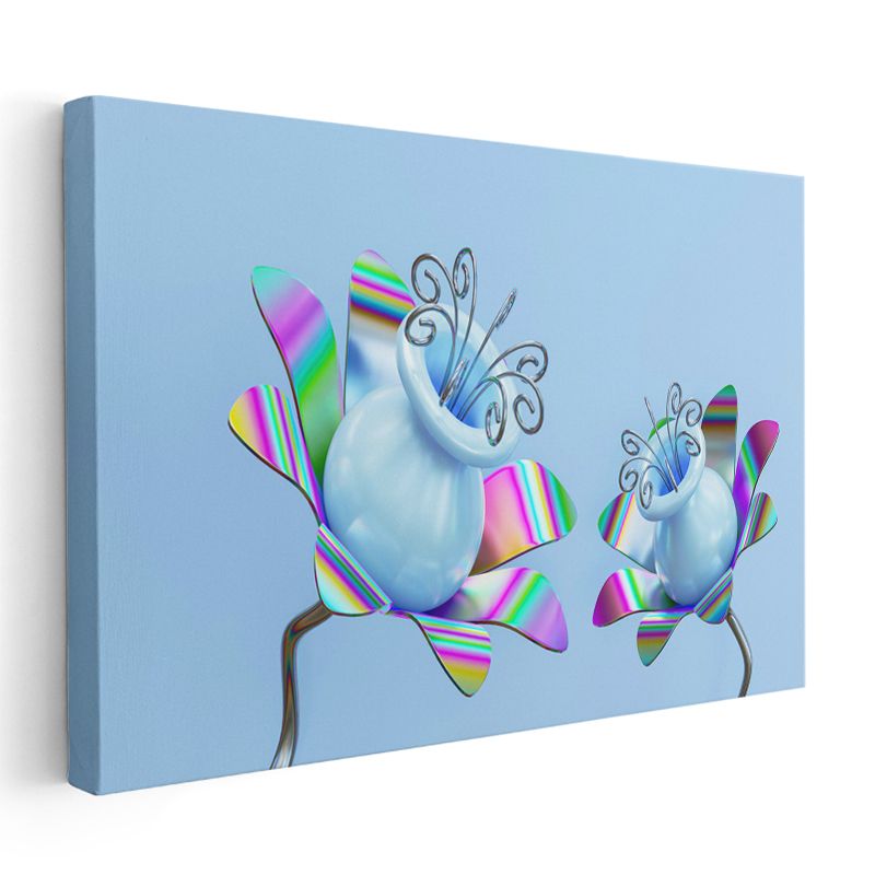 Holografik Çiçekler - Mavi Gökyüzü Altında Fantastik Botanik Kanvas Tablo