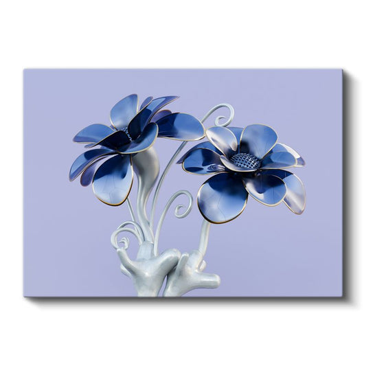 Mavi Çiçek Heykeli - Metalik Flora Tasarım Kanvas Tablo