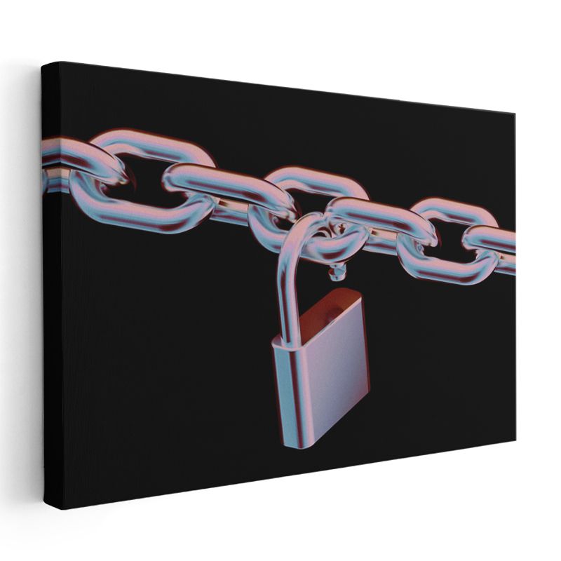 Neon Zincir - Metalik Kilit Detaylı 3D Vektörel Kanvas Tablo