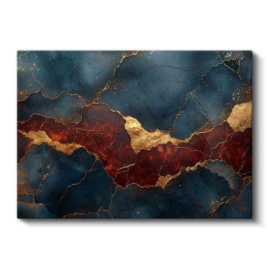 Altın Çatlaklar - Lacivert ve Kırmızı Tonlarında Lüks Soyut Desen Kanvas Tablo