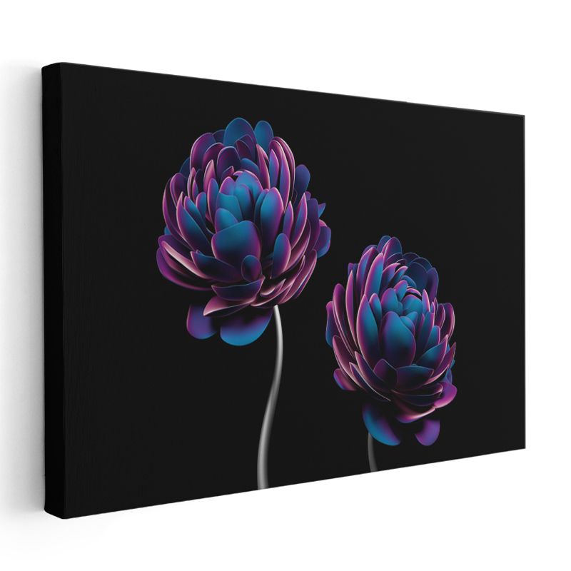 Neon Çiçekler - Siyah Zeminde Mor Mavi Vektörel Çiçek Formları Kanvas Tablo