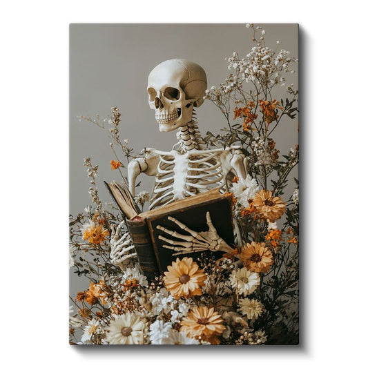 Ölümün Bilgeliği - Çiçekler Arasında Kitap Okuyan İskelet Kanvas Tablo