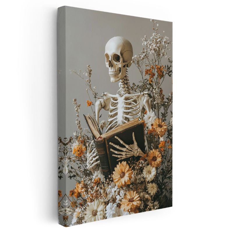 Ölümün Bilgeliği - Çiçekler Arasında Kitap Okuyan İskelet Kanvas Tablo