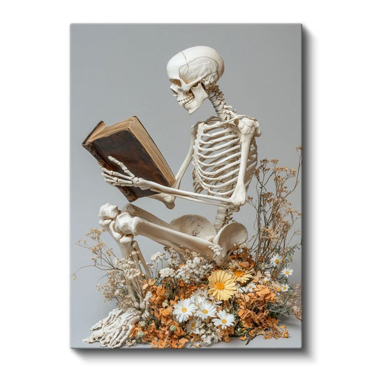 Ölümsüz Okur - Çiçekler Arasında Bilgelik Arayan İskelet Kanvas Tablo