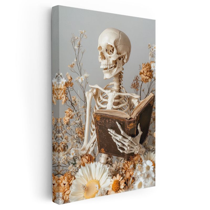 Ölümsüz Bilgelik - Çiçekler Arasında Okuyan İskelet Kanvas Tablo