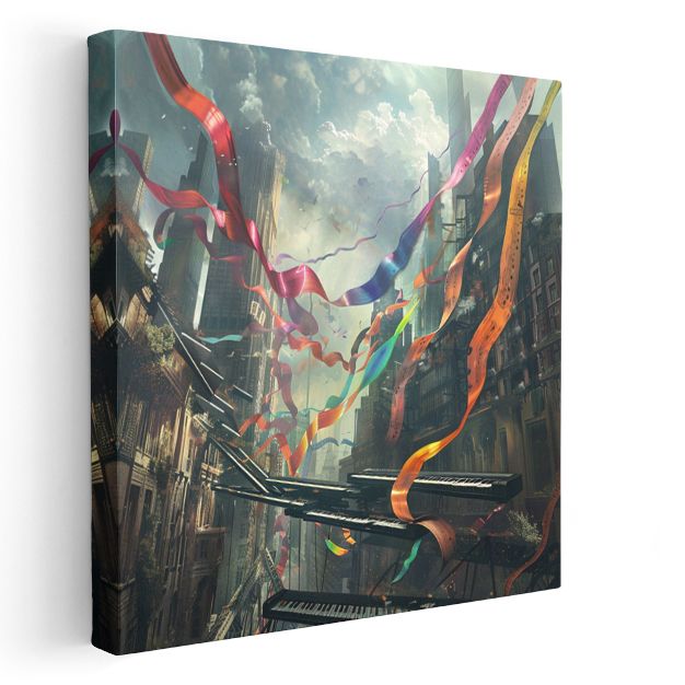Melodilerin Dansı - Şehir Üzerinde Süzülen Notalar Kanvas Tablo