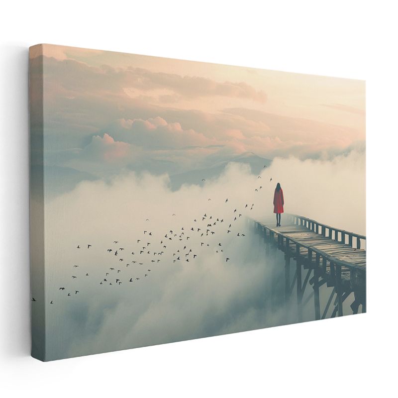 Sis Yolcusu - Bulutların Üzerinde Yürüyen Kırmızılı Figür Kanvas Tablo