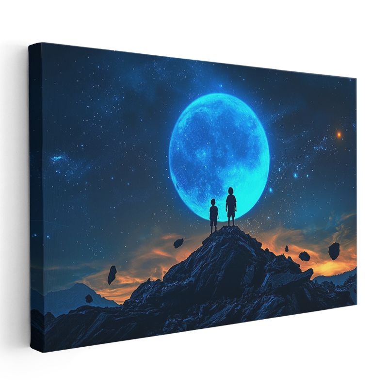 Kozmik Buluşma - Mavi Ayın Büyüsüne Kapılan Çocuklar Kanvas Tablo