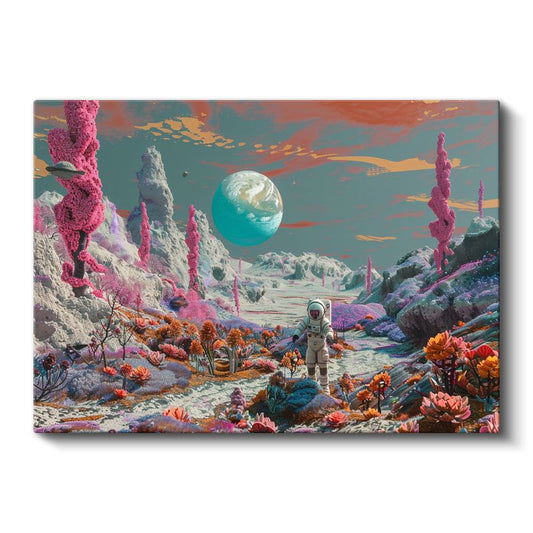 Kozmik Kaşif - Renkli Uzay Bahçesinde Yalnız Astronot Kanvas Tablo