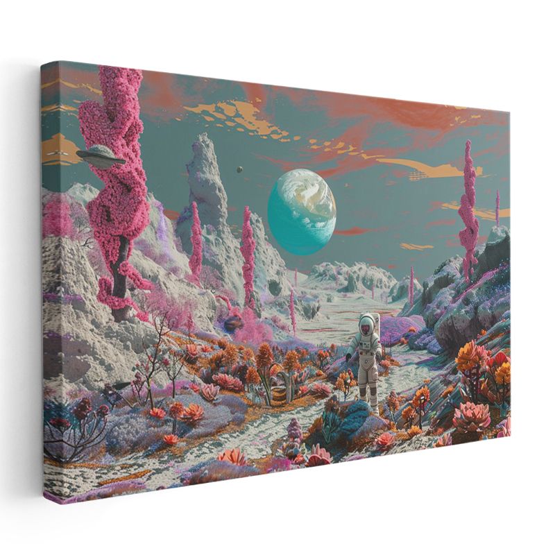 Kozmik Kaşif - Renkli Uzay Bahçesinde Yalnız Astronot Kanvas Tablo