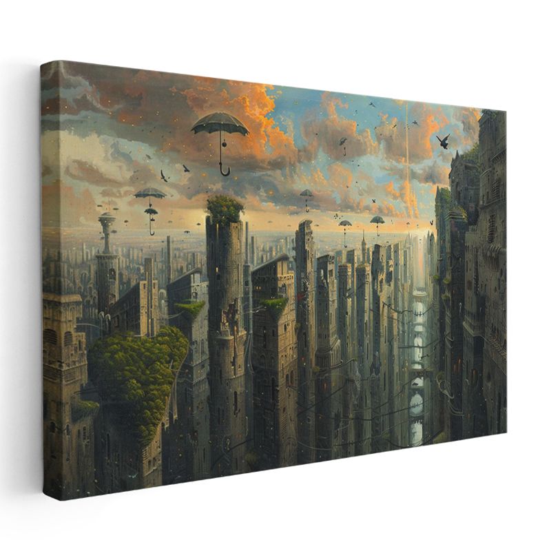 Dikey Metropolis - Gökyüzünde Süzülen Şemsiyeler Kanvas Tablo