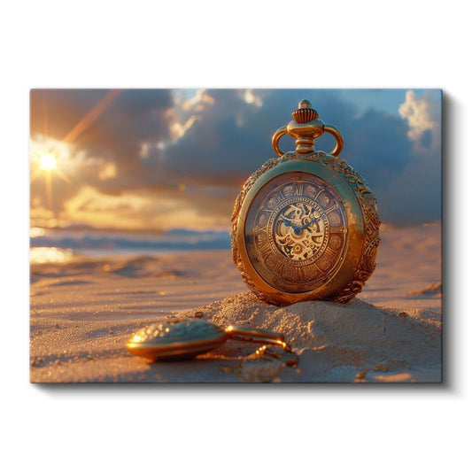 Zamanın Kıyısı - Kumda Parlayan Antika Saat Kanvas Tablo
