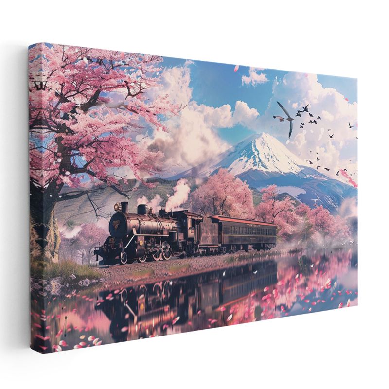 Kiraz Çiçekli Yolculuk - Dağ Eteklerinde İlerleyen Nostaljik Tren Kanvas Tablo