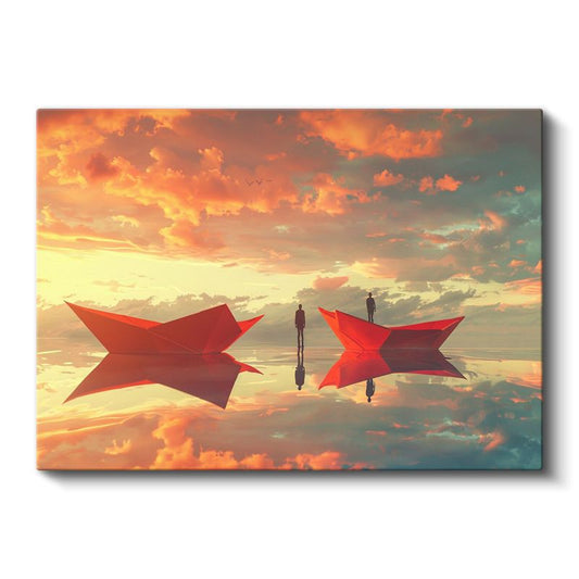 Yansımalar Dünyası - Kırmızı Kayıklarda Yolculuk Eden Siluetler Kanvas Tablo