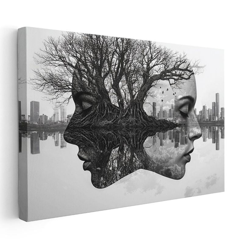 Zihin Ormanı - İnsan Yüzleri ve Ağaç Dallarının Birleştiği Şehir Manzarası Kanvas Tablo