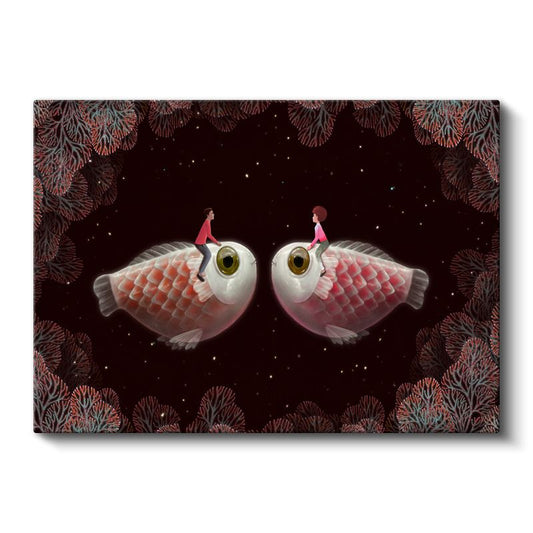 Yıldız Balıkları - Karşılıklı Duran Balıklar Üzerindeki Aşıklar Kanvas Tablo