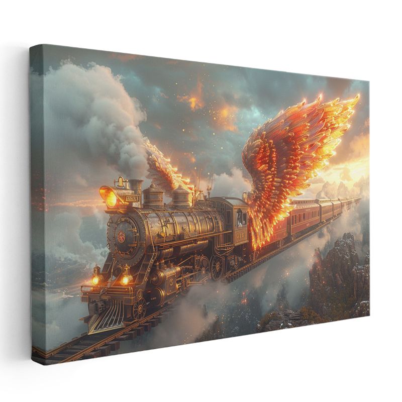 Ateş Kanatları - Bulutların Üzerinde Süzülen Alev Almış Buharlı Tren Kanvas Tablo