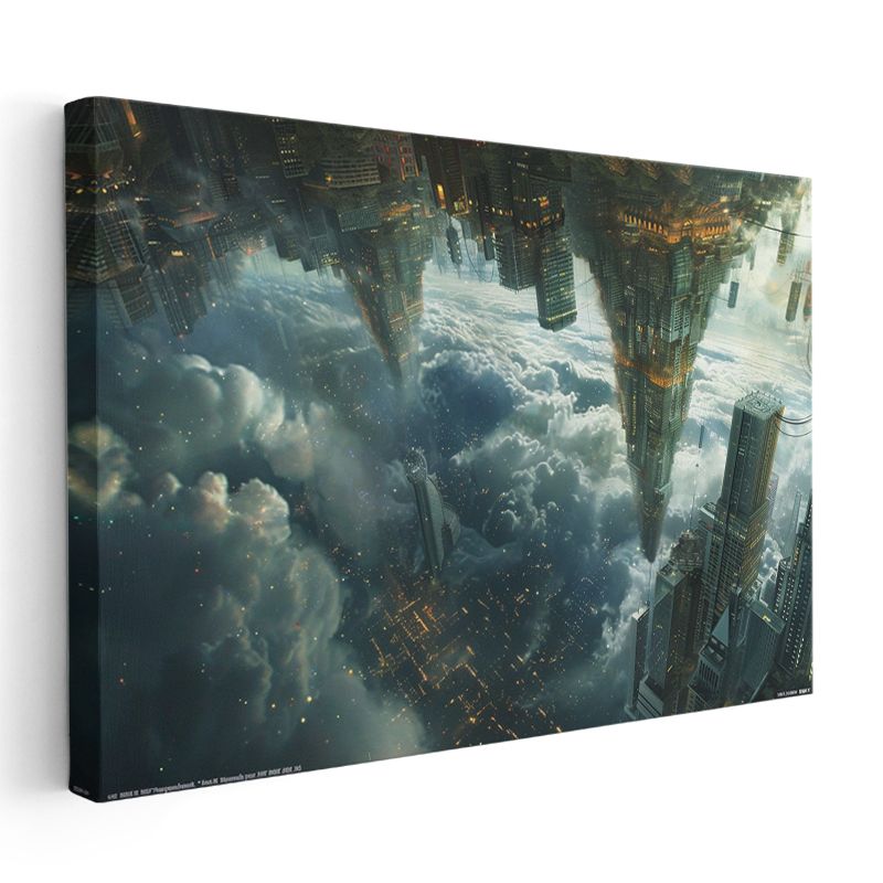 Yerçekimsiz Metropol - Bulutların Üzerinde Asılı Duran Şehir Silueti Kanvas Tablo
