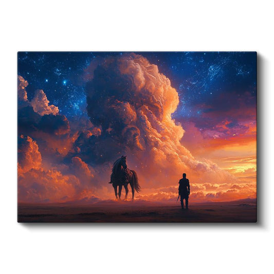 Gökyüzü Yolcuları - Alev Renkli Bulutlar Arasında At ve İnsan Silüeti Kanvas Tablo