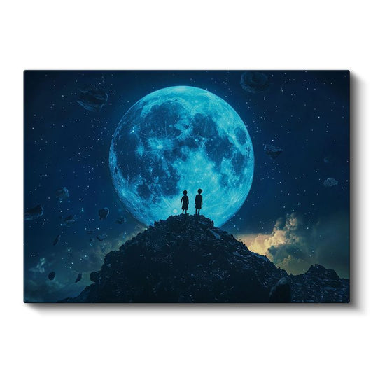 Ay'ın Bekçileri - Devasa Mavi Dolunay Karşısında İki Silüet Kanvas Tablo