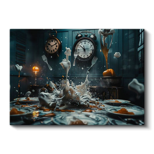 Zamanın Dansı - Havada Asılı Çatallar ve Saatlerle Sıçrayan Sıvı Kanvas Tablo