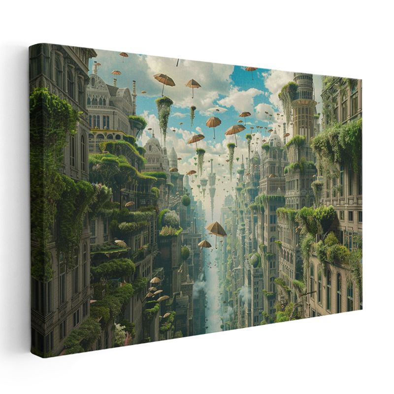 Yükselen Bahçeler - Havada Asılı Şemsiyeler ve Yeşil Şehir Kanvas Tablo
