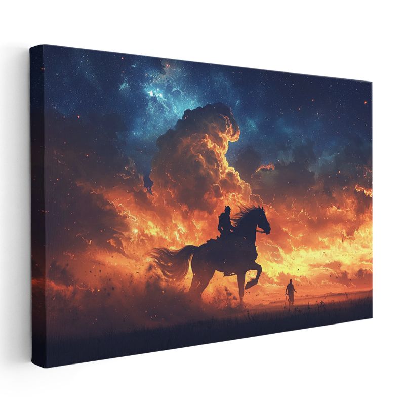 Ateş Süvarisi - Alev Gökyüzünde İlerleyen Binici Kanvas Tablo