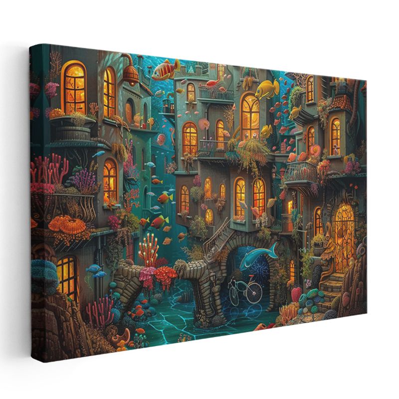 Işıklı Sualtı Şehri - Renkli Balıklarla Çevrili Fantastik Mimari Kanvas Tablo