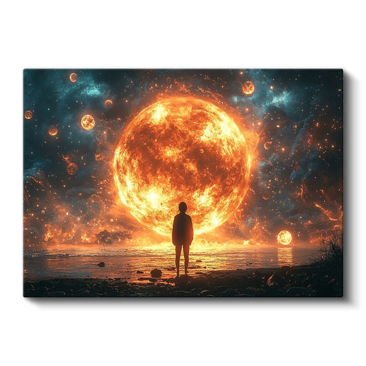 Kozmik Karşılaşma - Devasa Güneş Karşısında Duran İnsan Kanvas Tablo
