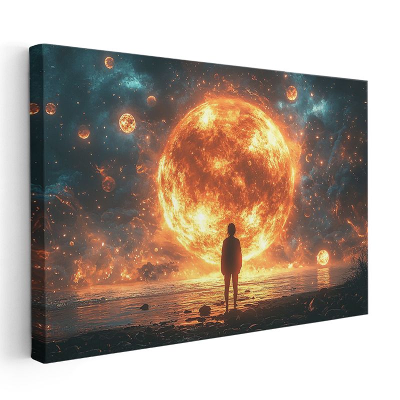 Kozmik Karşılaşma - Devasa Güneş Karşısında Duran İnsan Kanvas Tablo