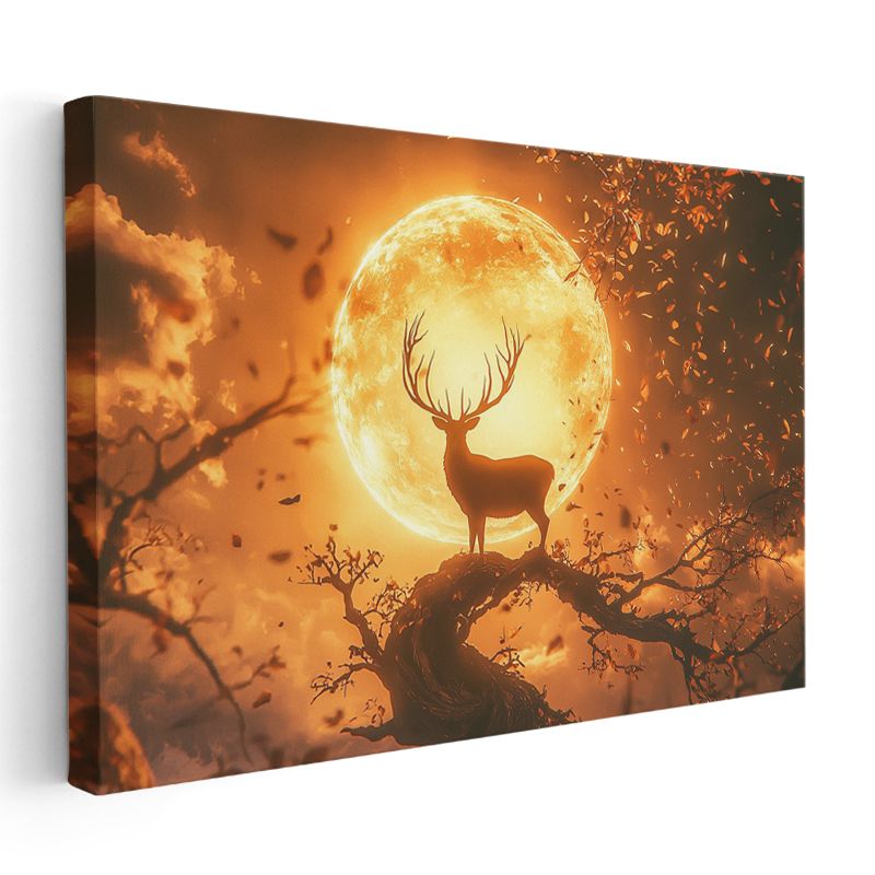 Geyik Silueti - Ateşin Dansında Yükselen Boynuzlar Kanvas Tablo