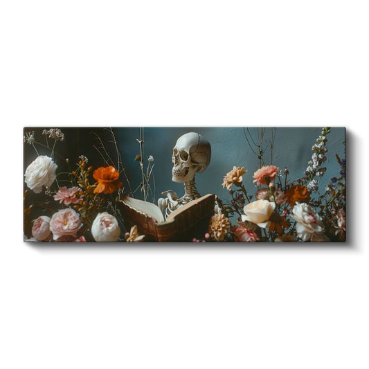 Ölümsüz Okuyucu - Çiçekler Arasında Bilgelik Arayan İskelet Kanvas Tablo