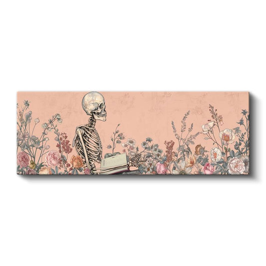 Pembe Ölümsüzlük - Çiçekler Arasında Bilgelik Arayan İskelet Kanvas Tablo