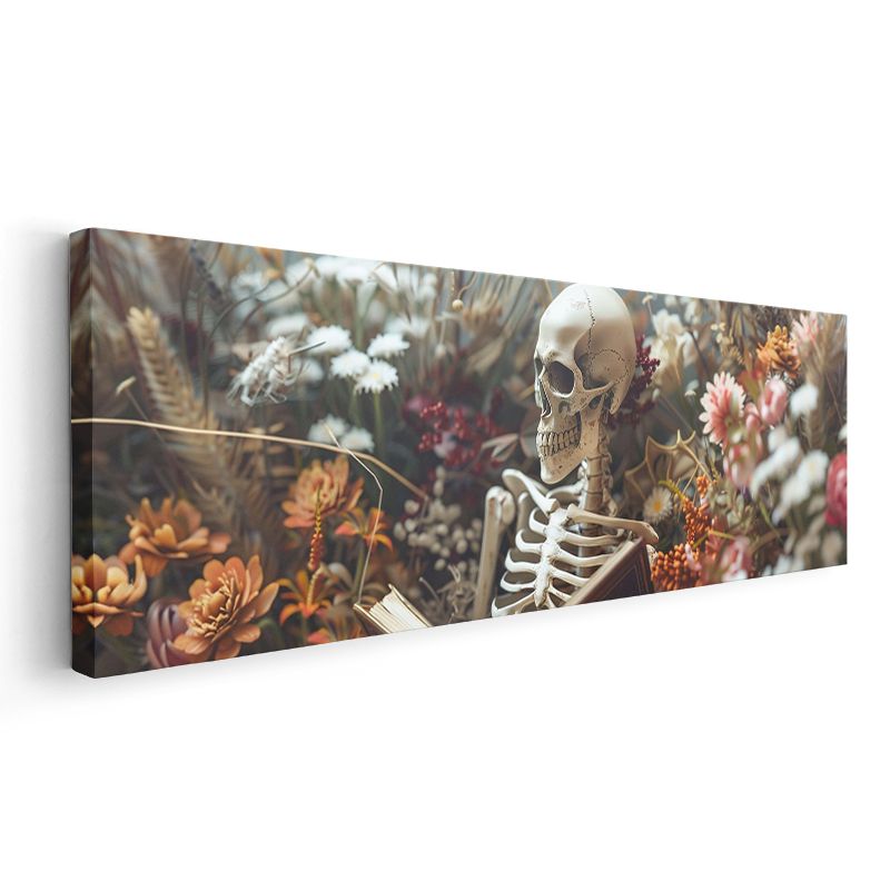Sonbahar Anıları - Kurumuş Çiçekler Arasında Sonsuzluğa Bakan İskelet Kanvas Tablo