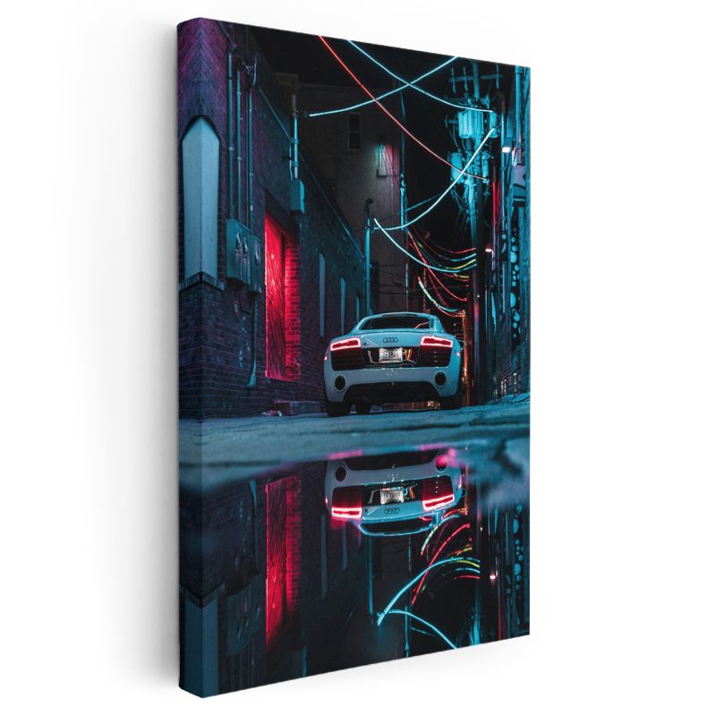 Audi R8 - Gece Sokağında Neon Işıkları Altında Lüks Spor Otomobil Kanvas Tablo