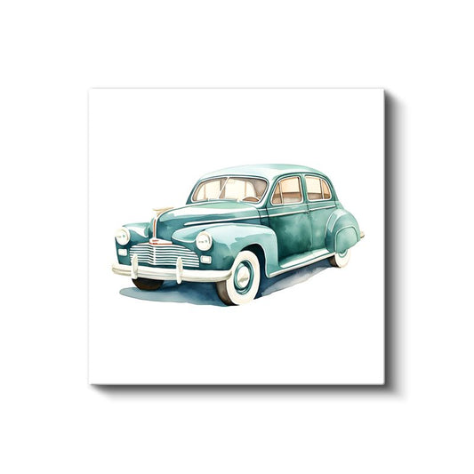 Klasik Amerikan Sedan - Turkuaz Suluboya Tasarım Kanvas Tablo