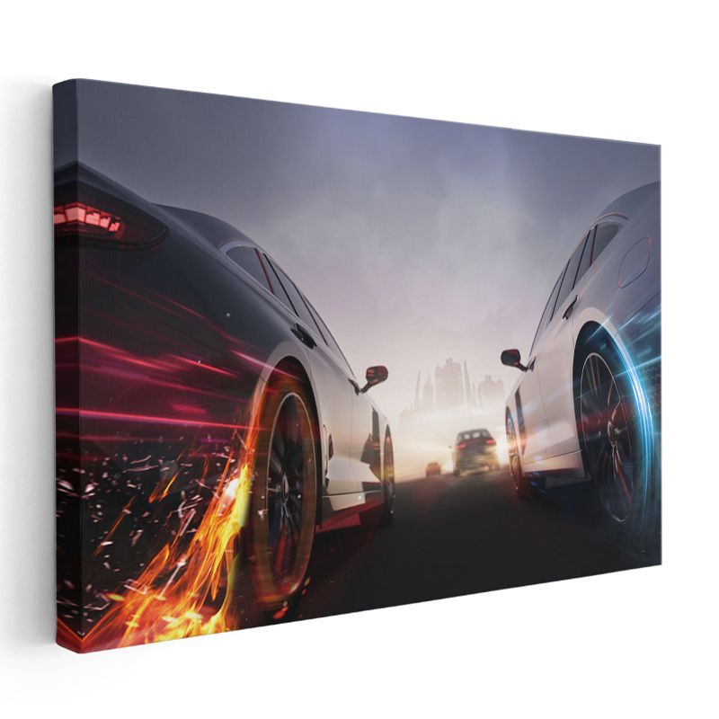 Yarış Arabaları - Işık Efektli Hız Düellosu Kanvas Tablo