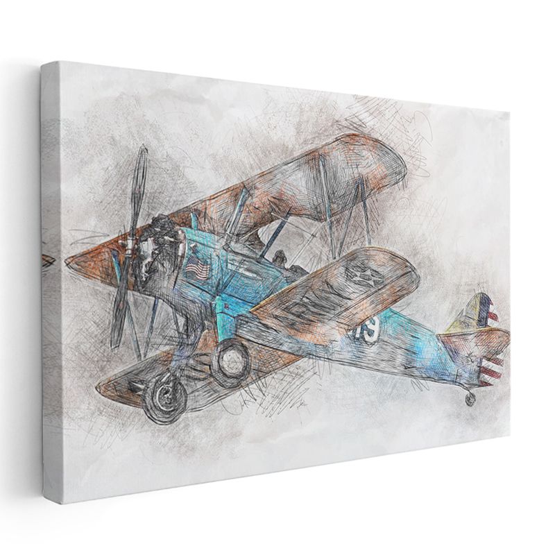 Klasik Çift Kanatlı Uçak - Nostaljik Havacılık Sanatı Kanvas Tablo