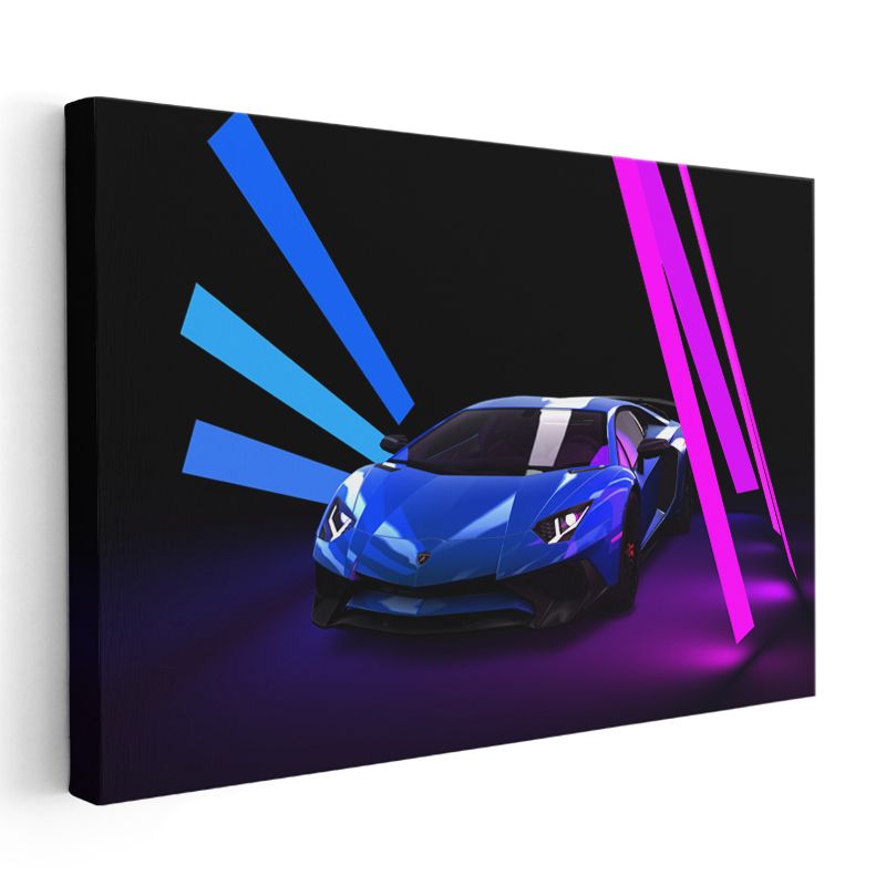 Lamborghini Aventador - Neon Işıklar Altında Mavi Süper Spor Kanvas Tablo