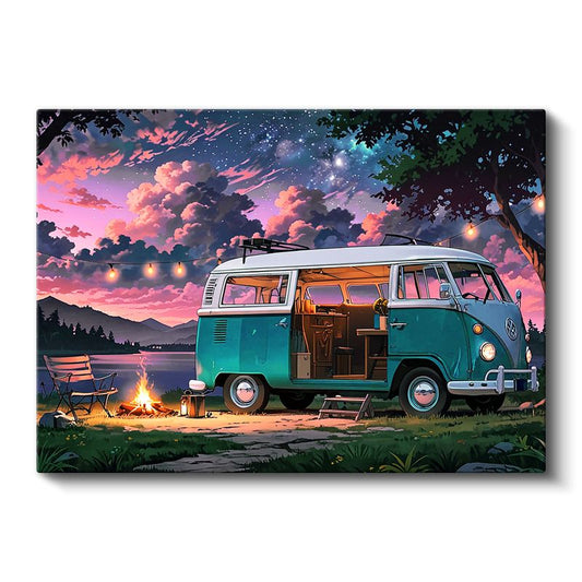 Volkswagen T1 - Turkuaz Kamp Minibüsü Gün Batımı Kanvas Tablo