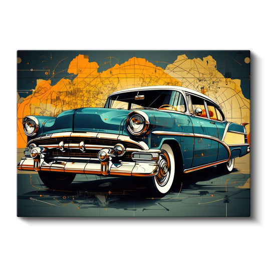 Klasik Amerikan Arabası - Retro Turkuaz Cadillac Sanat Eseri Kanvas Tablo