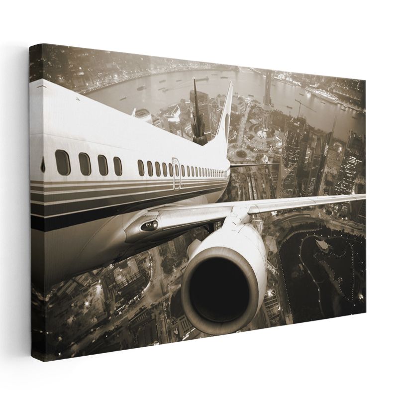 Yolcu Uçağı - Şehir Manzarası Üzerinde Uçan Jet Kanvas Tablo