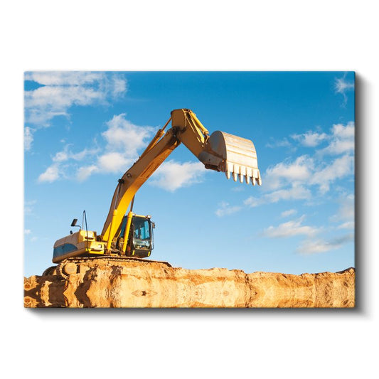Sarı Ekskavatör - Toprak Zeminde İş Gücü Kanvas Tablo