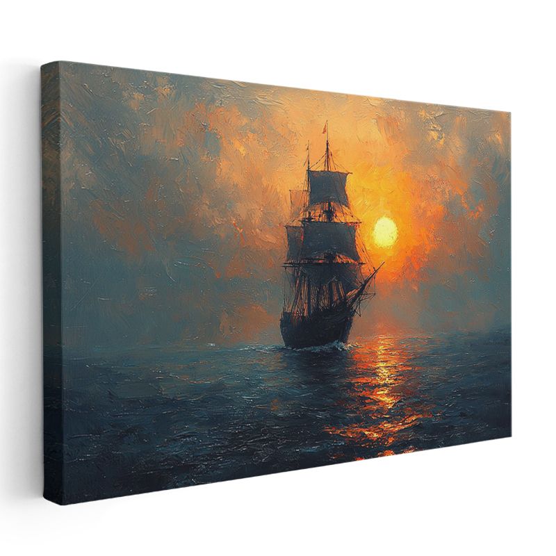 Yelkenli Gemi - Güneş Batarken Okyanus Seyri Kanvas Tablo