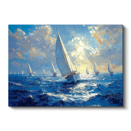 Yelkenli Tekne - Mavi Denizde Yarış Yapan Beyaz Yelkenli Kanvas Tablo